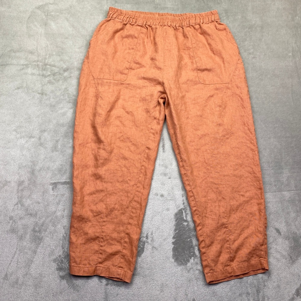 XIMO Terracotta Orange 100% Linen Elastic Waist Patch Pocket Crop Pants XL